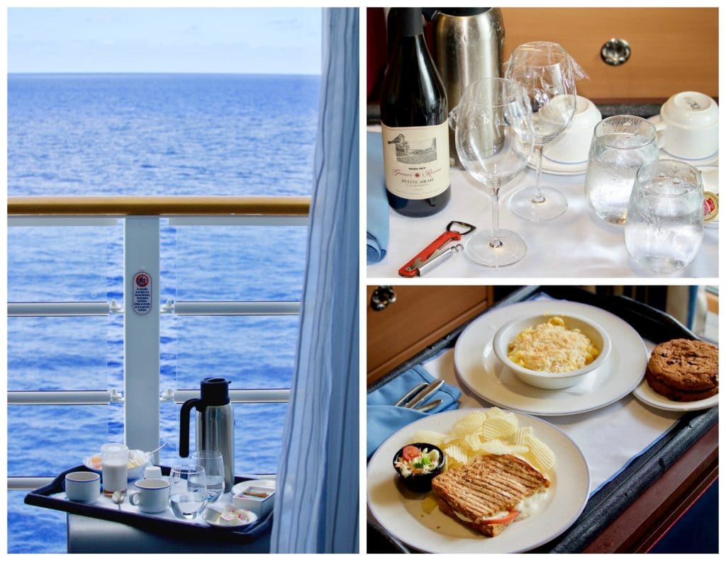 A photo collage showing room service options on Disney Fantasy cruise. 