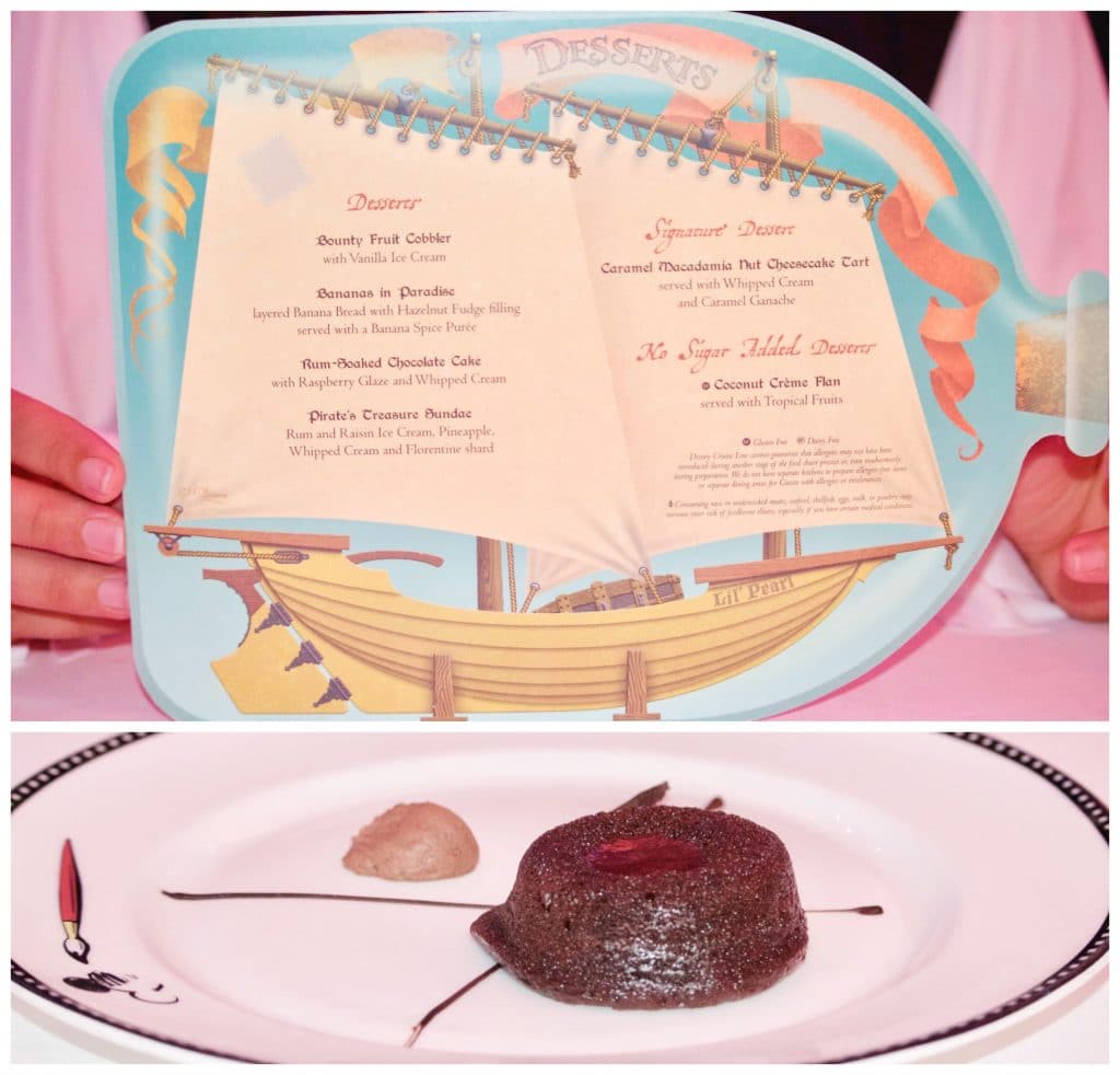 Pirate night dessert menu and rum cake on Disney cruise. 