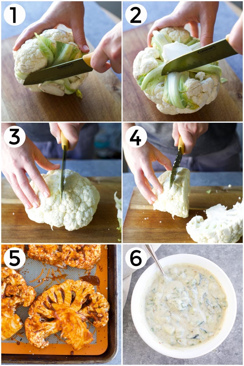 A collage of photos showing how to make cauliflower steaks in 6 easy steps. 
