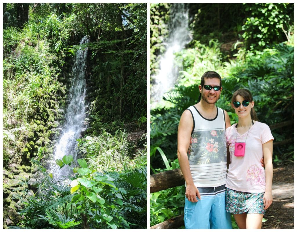 A collage of pictures showing the waterfalls and a happy couple walking on the nature trail at Rainbow Springs State Park.