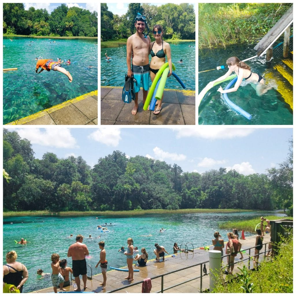 A collage of pictures showing people jump off the floating dock at Rainbow Springs State Park. 