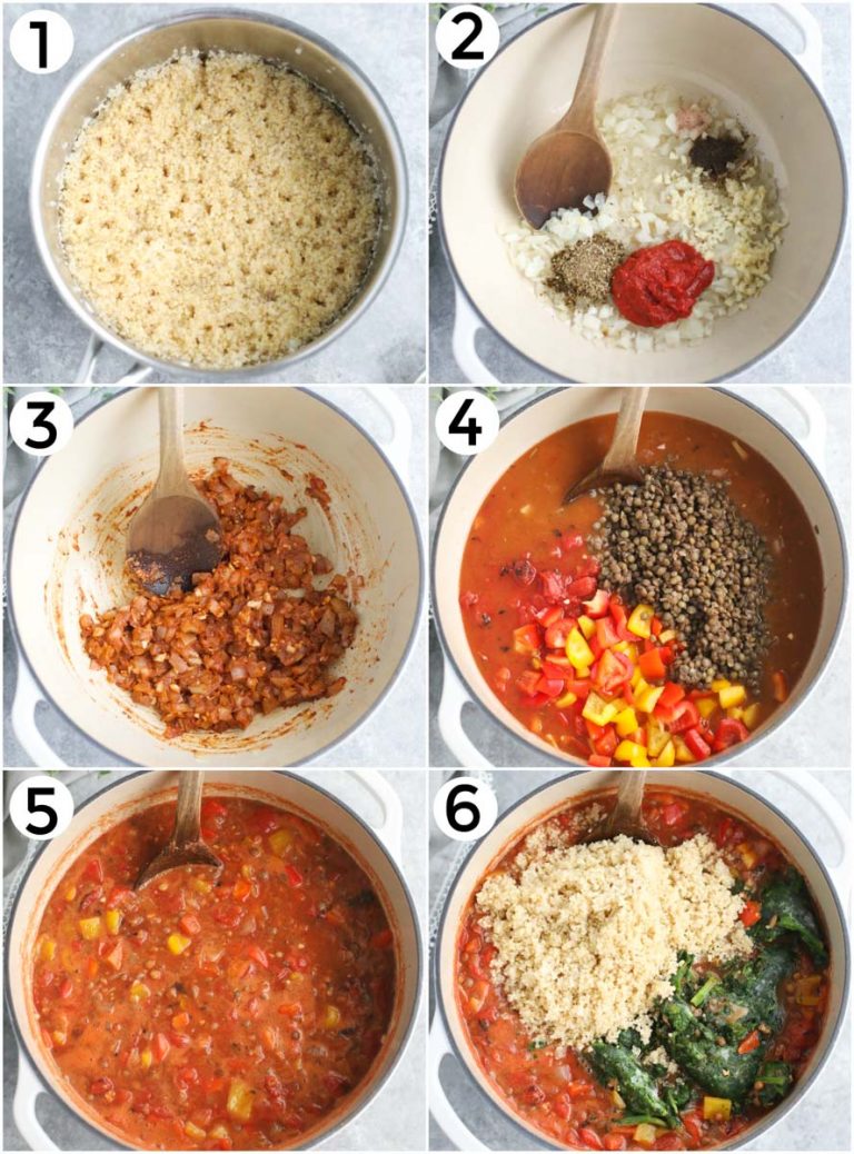 A photo collage showing how to make the recipe in 6 easy steps. 
