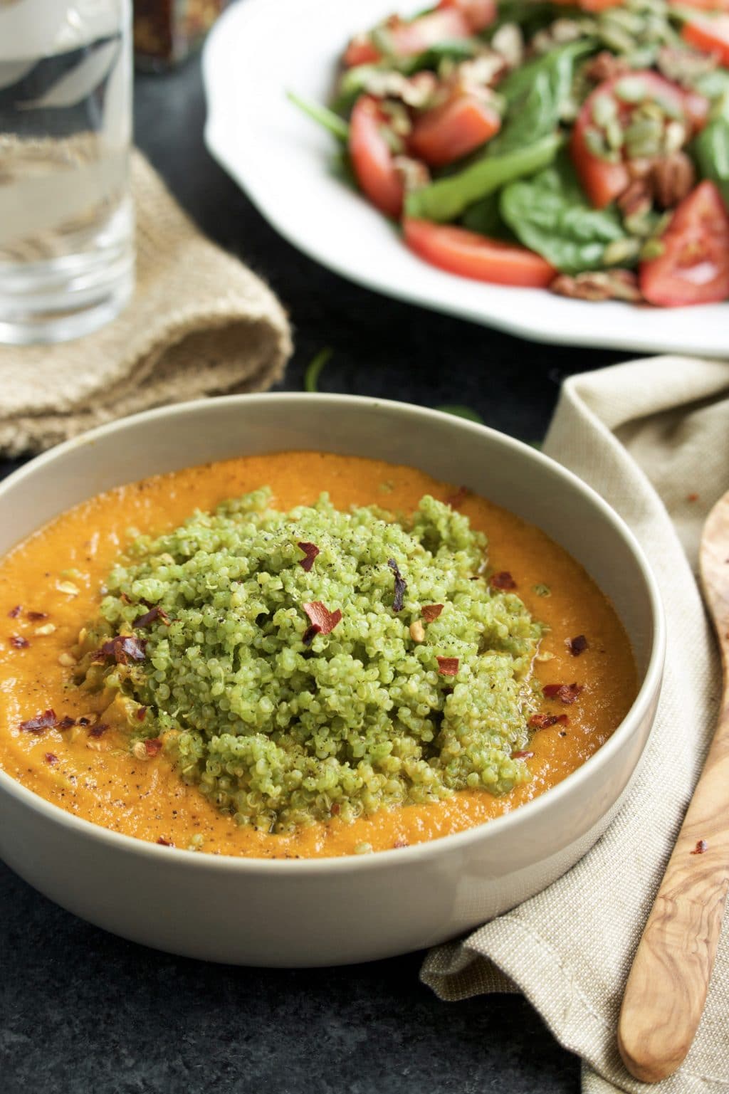 Roasted Red Pepper Tomato Soup with Basil Pesto Quinoa