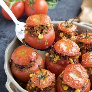 We LOVE this stuffed tomatoes recipe, cook once and eat twice! The leftover filling makes delicious tacos for the next night! My omnivore mom didn't even know that she was eating tofu! Vegan.