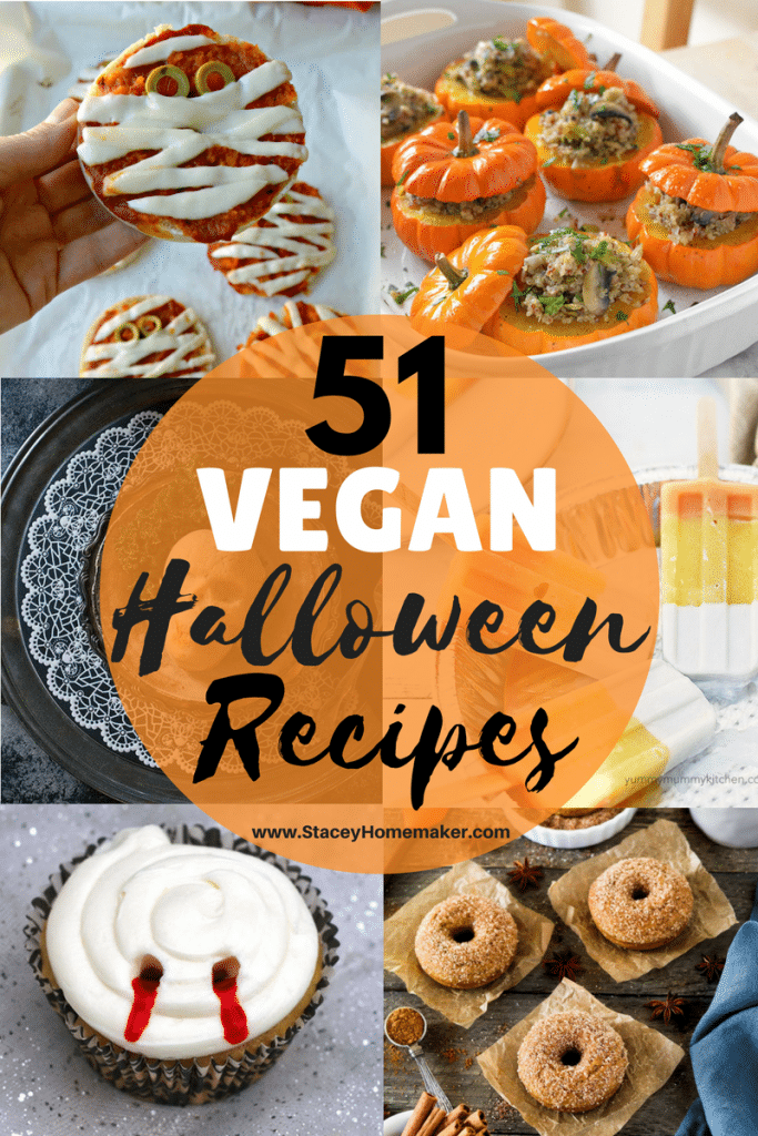  Un collage de fotos que muestran 51 recetas veganas de Halloween. 