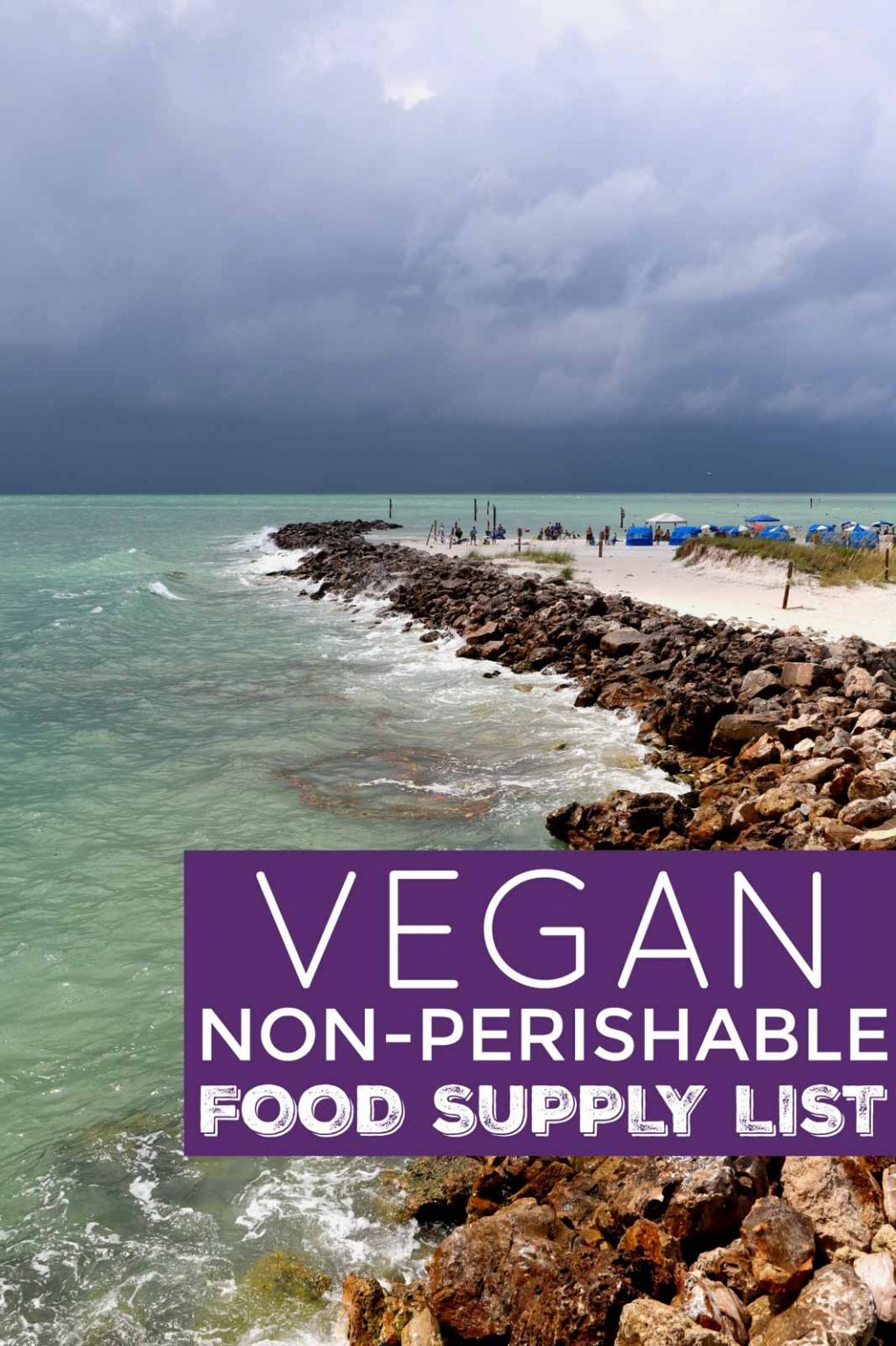 A picture of a storm at the beach with the label, "Vegan Non-Perishable Food Supply List."