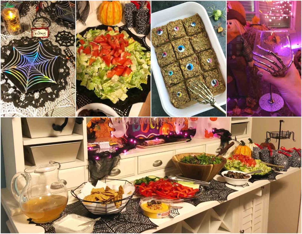 A photo collage showing the food and decorations at a vegan Halloween party.