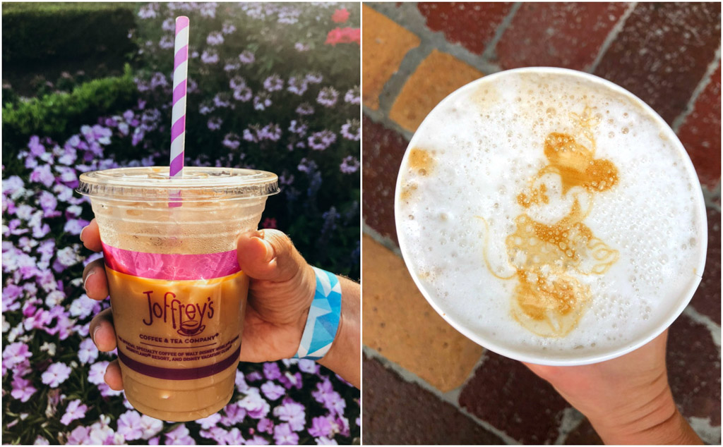 A collage of hot and iced almond milk lattes from Joffrey's Coffee in Disney World.