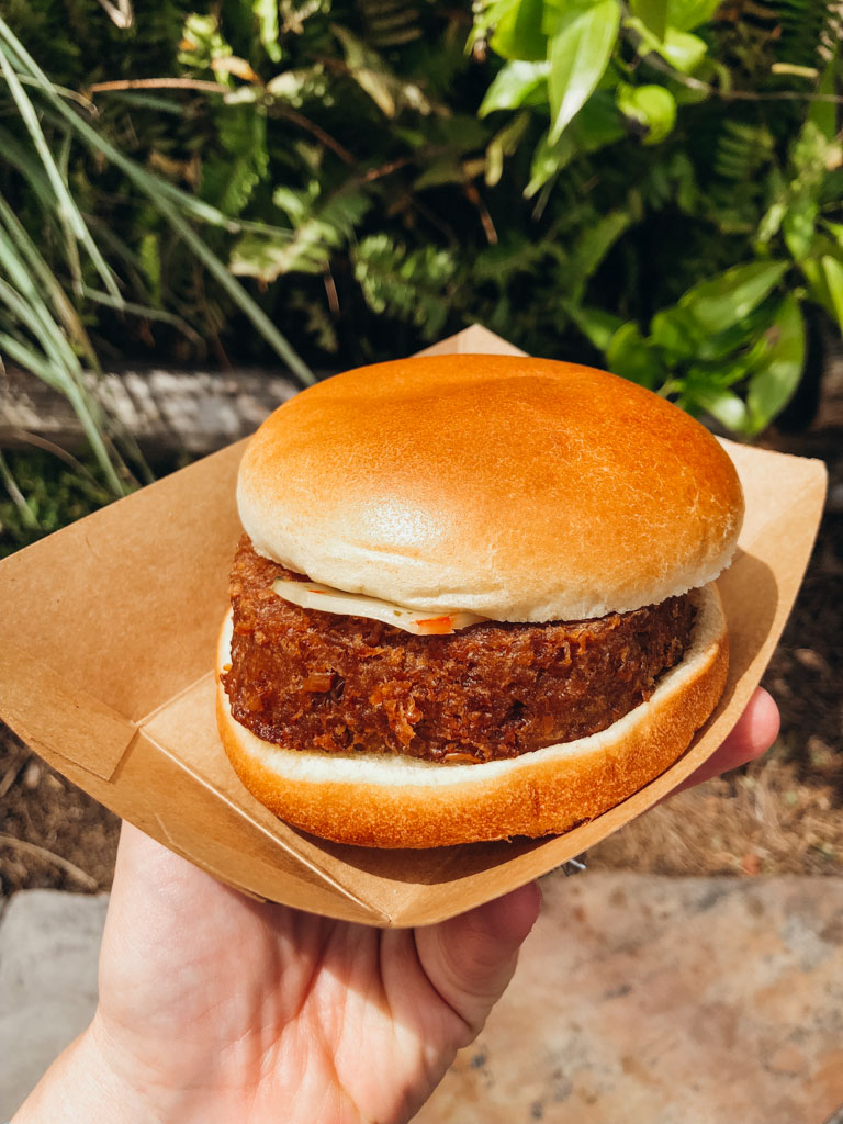A hand holding a brown paper plate with a vegan burger. 