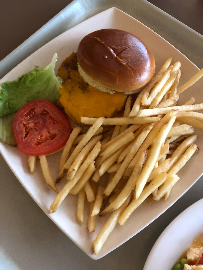 A vegan Beyond Burger and french fries on at plate at the Pop Century Hotel food court. 