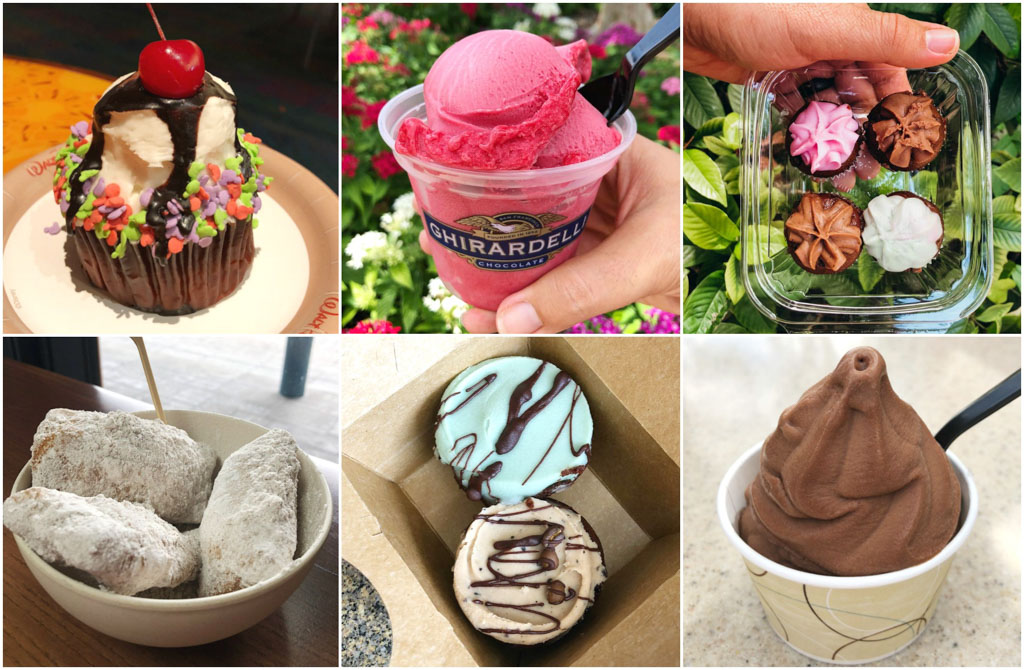 A collage of images showing vegan dessert options in Disney World. 