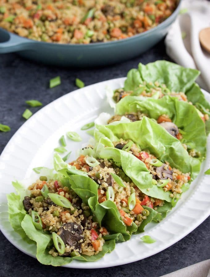 Try this veggie-loaded 30-minute easy quinoa fried rice for a quick and delicious dinner that the whole family will love! You can serve it hot or cold, by itself or in lettuce wraps! Vegan, dairy-free, gluten-free. 