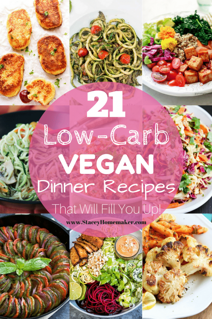 A collage of low-carb vegan dinner recipe photos with a circular pink label.