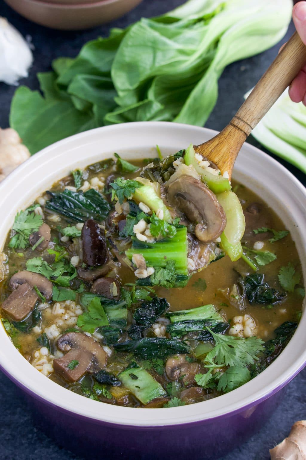 A wooden spoon dipped into a pot filled with vegetable soup.
