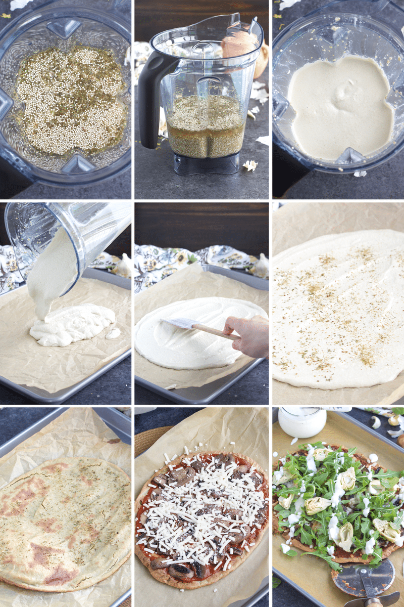 A photo collage showing how to make flatbread pizza step by step.