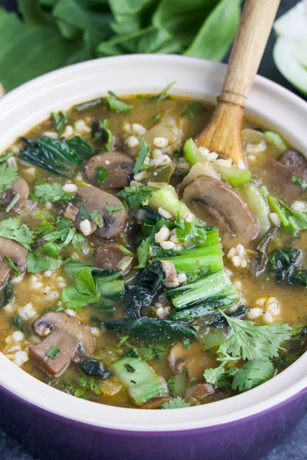 A purple stock pot filled with mushrooms, bok choy, cilantro, and barley soup.