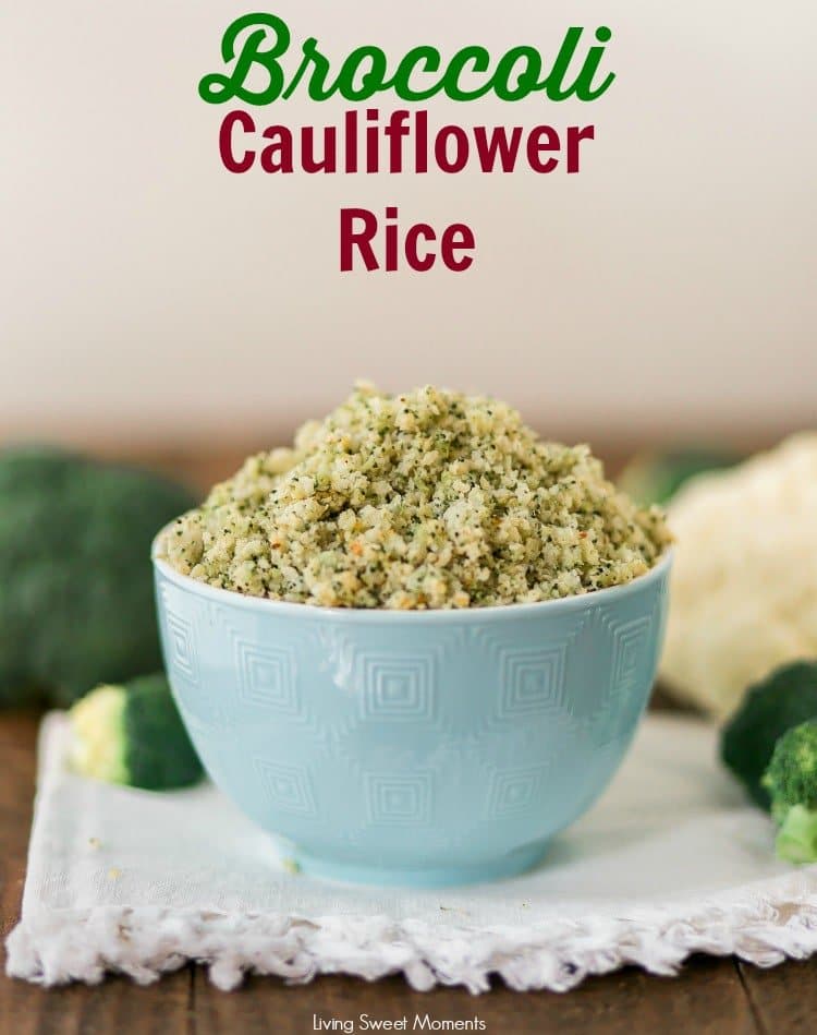 Low-carb vegan broccoli cauliflower rice in a light blue bowl that is sitting on a white towel with broccoli scattered around.