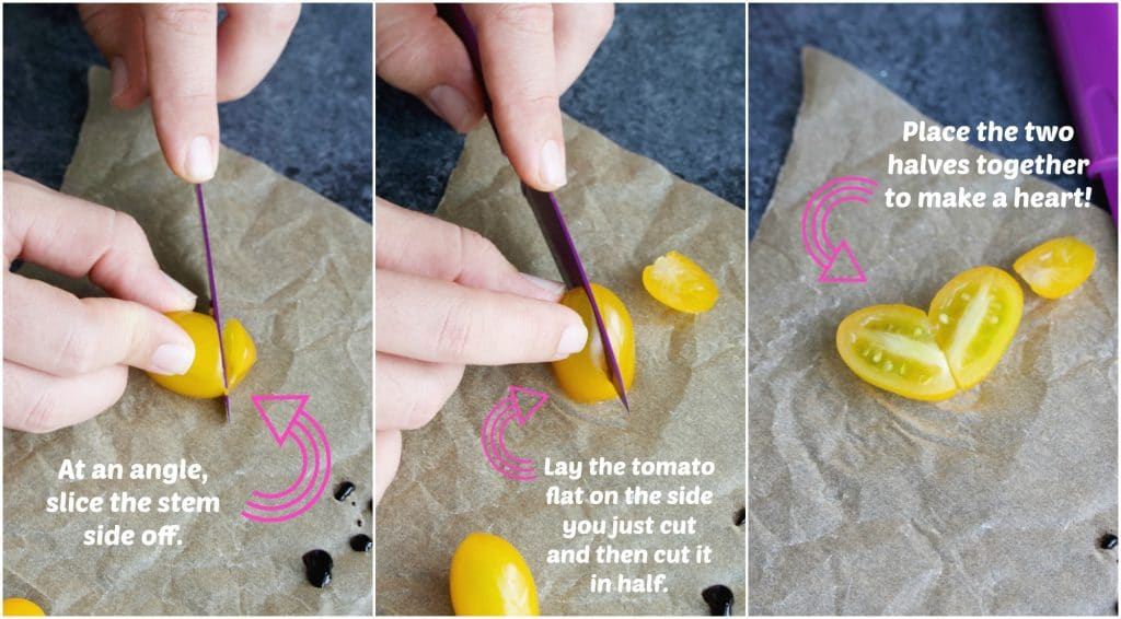 A collage of photos showing how to make the tomato hearts step by step. 