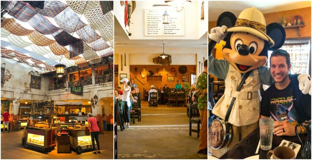 A collage of images showing what the Tusker House Disney World restaurant in Animal Kingdom looks like inside. 