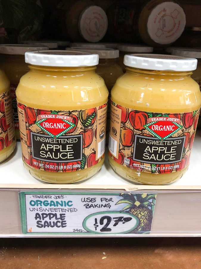 Two glass jars of organic unsweetened apple sauce for $2.79 at Trader Joe's.