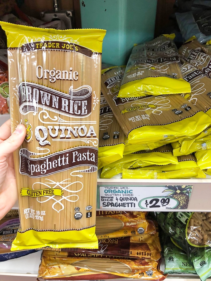 Package of organic brown rice quinoa spaghetti for $2.99 on a shelf at Trader Joe's. 