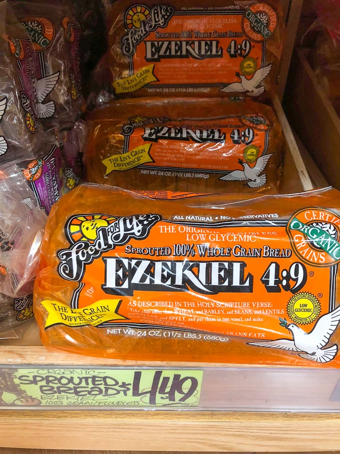 Loaves of organic Ezekiel bread for $4.49 at Trader Joe's. 