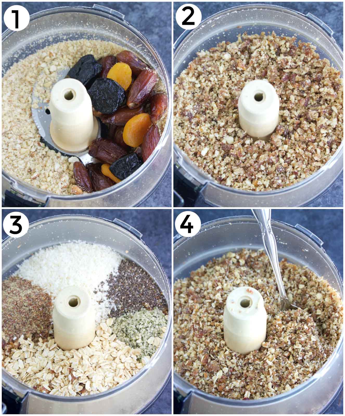 A photo collage showing how to make rawnola in a few easy steps.