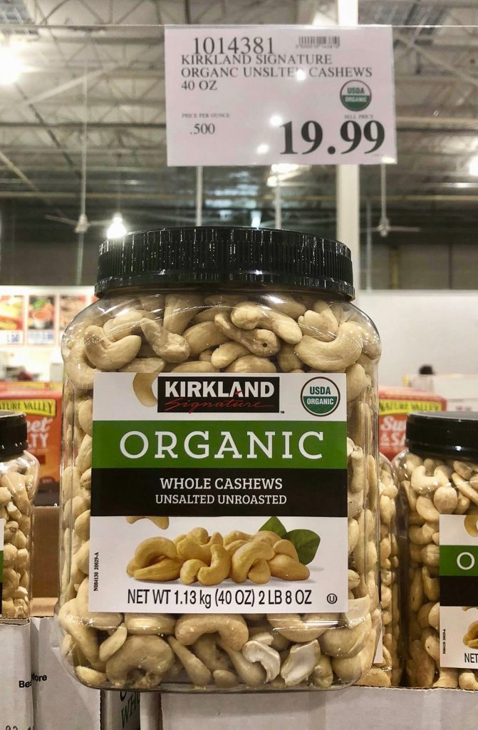 A large jar of organic vegan cashews for $19.99 at Costco.