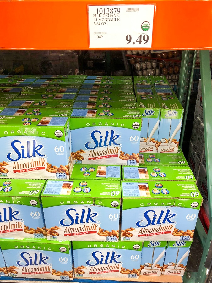 Multiple boxes of organic vegan Silk almond milk for $9.49 at Costco.