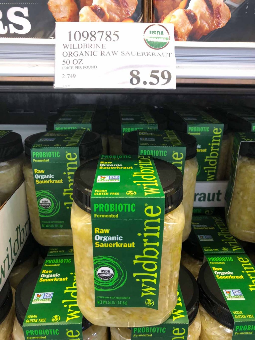 A large container of organic vegan raw wildbrwne sauerkraut for $8.59 at Costco.