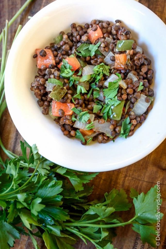 A white bowl filled with vegan lentil salad on a rustic background. 