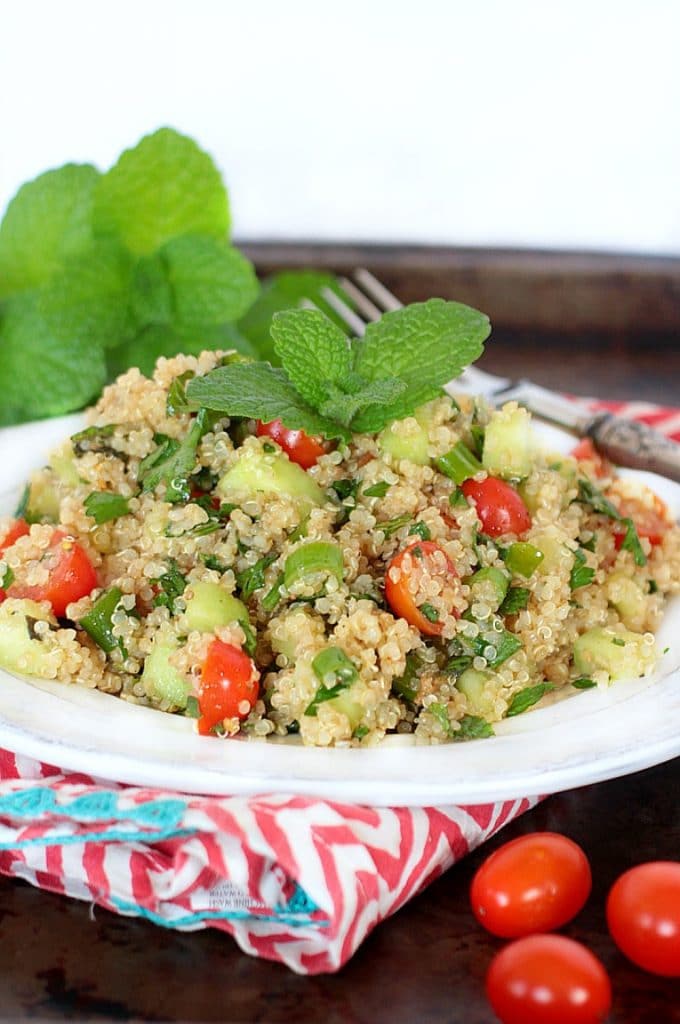 Vegan tabouleh quinoa garnished with mint on a white plate on top of a red and white striped towel. 