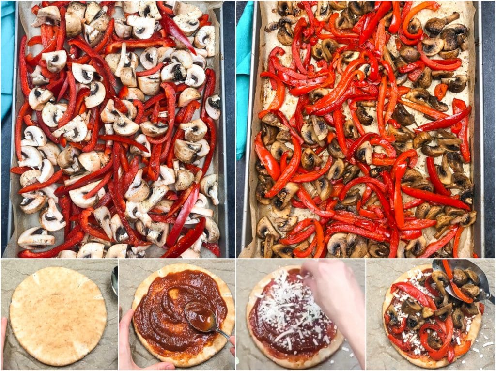 A photo collage showing how to make vegan pita pizzas in a few easy steps. 