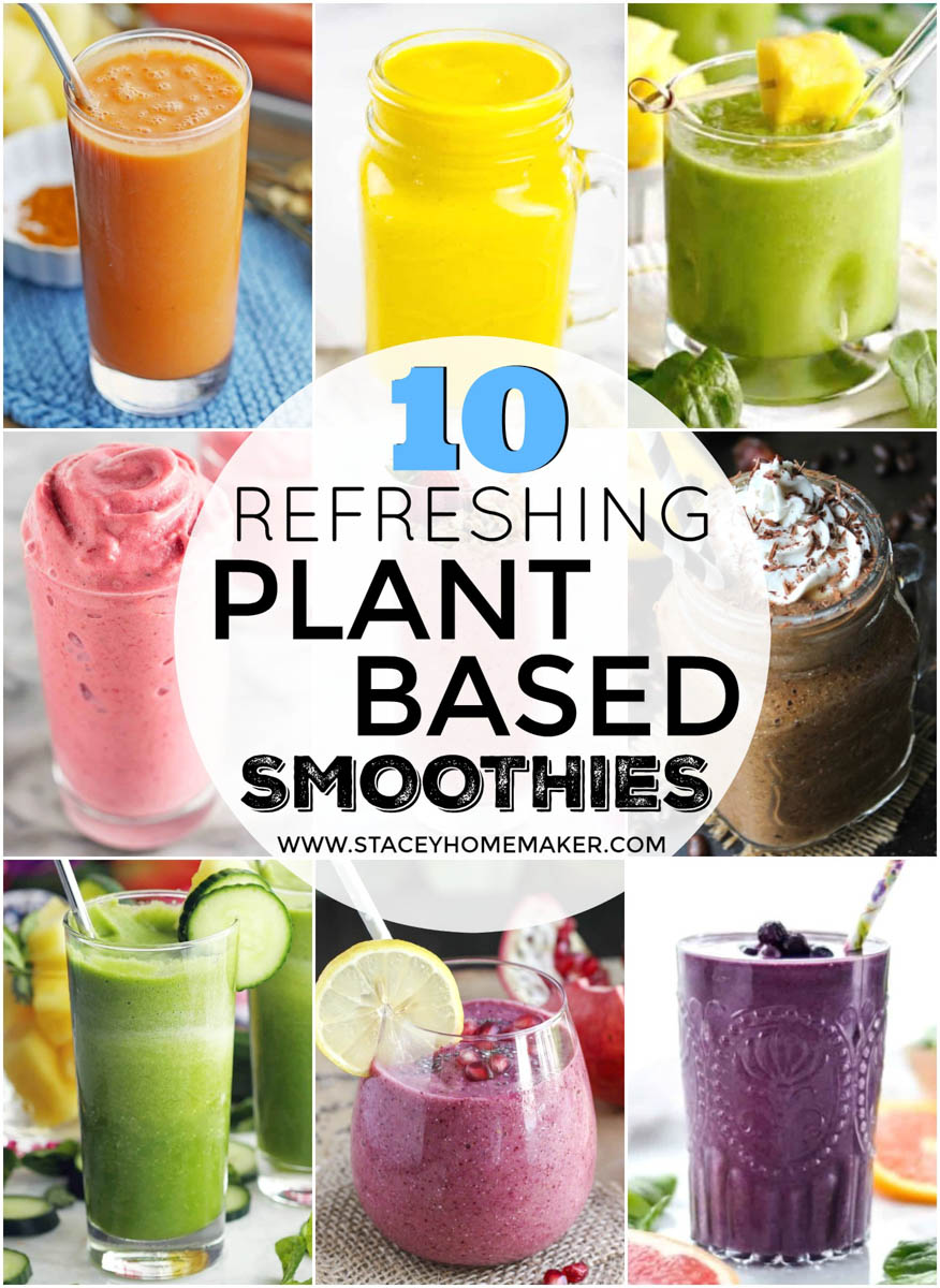 A photo collage showing 10 plant-based smoothies of all different colors and flavors. 