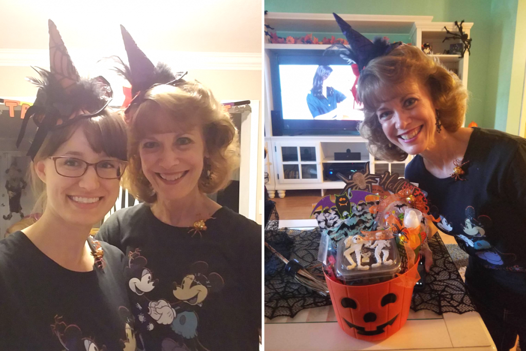 Two photos, three women all wearing witch hats and smiling.