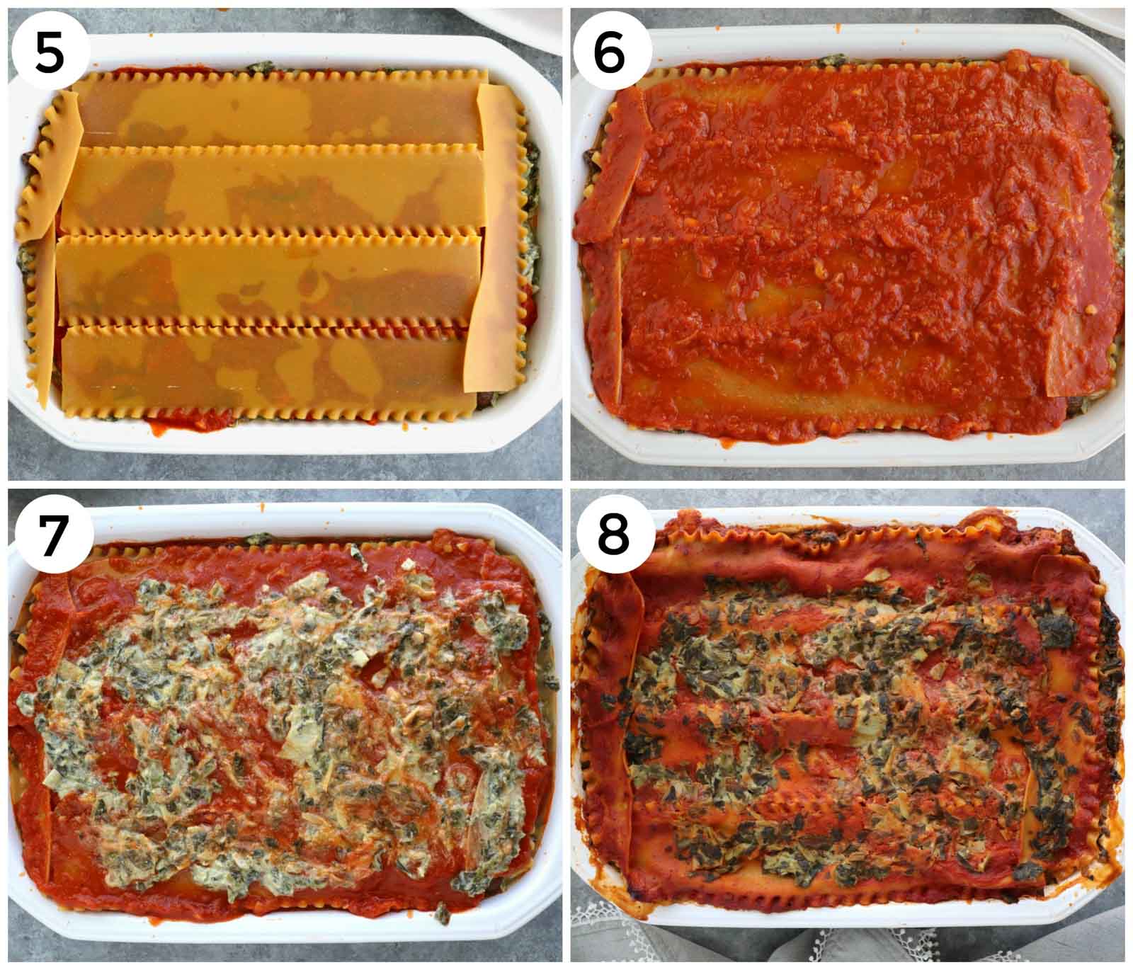 A photo collage showing how to make spinach lasagna step by step. 