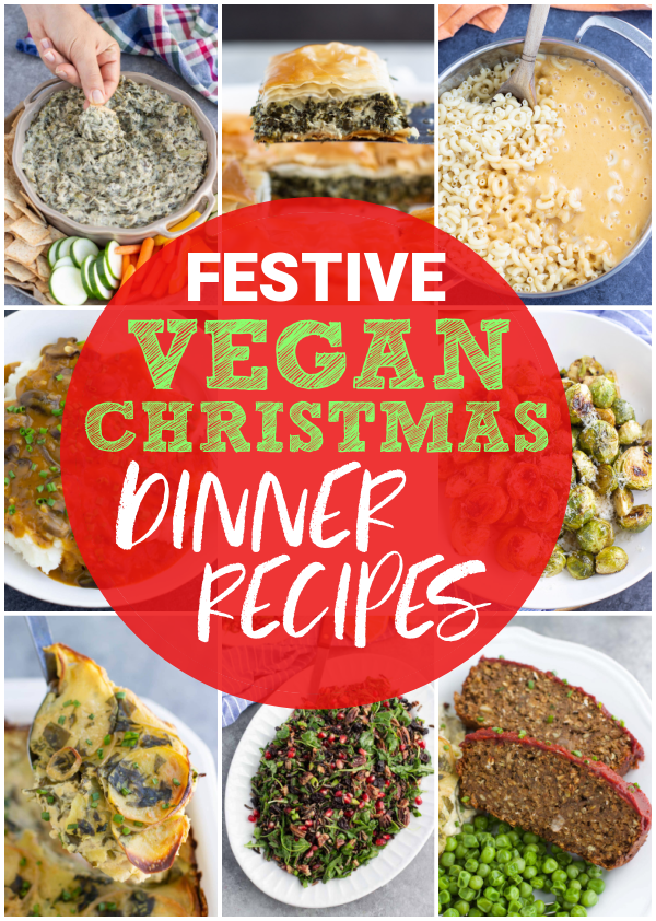 A photo collage showing a complete vegan Christmas dinner menu!