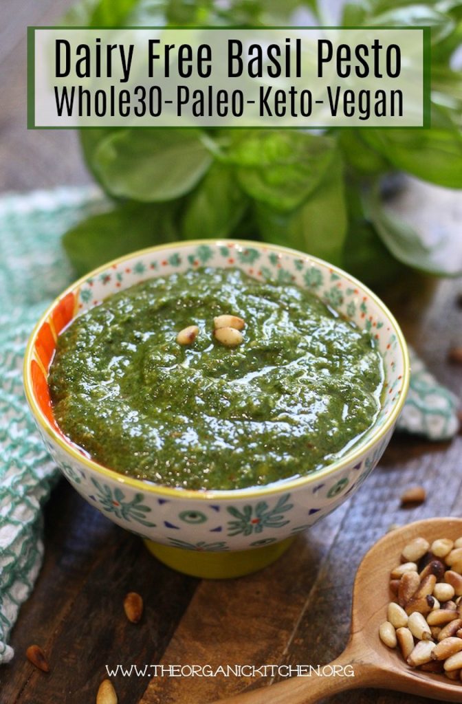 A patterned bowl of vegan keto basil pesto garnished with pine nuts and a basil plant in the background on a rustic background. 