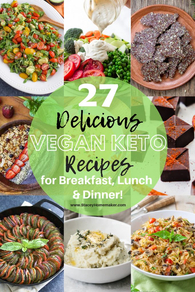 A collage of food photos showing delicious vegan keto recipes for breakfast, lunch, and dinner.