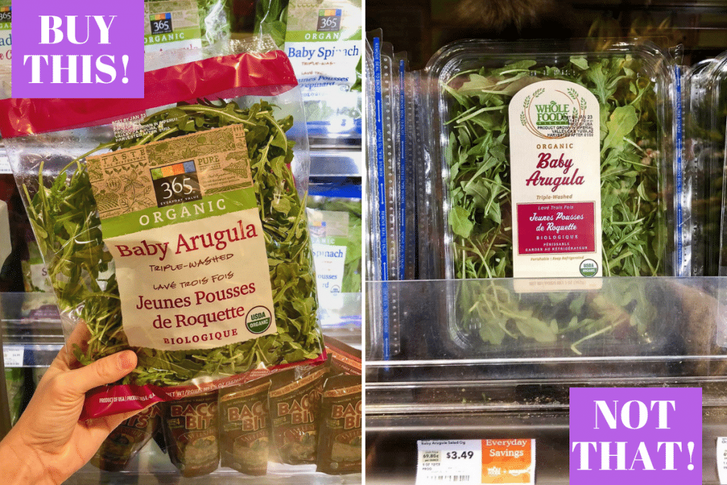 A hand holding a bag of baby arugula next to a container of baby arugula with different prices. 