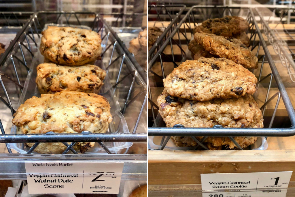 Two trays of vegan cookie options at Whole Foods market. 