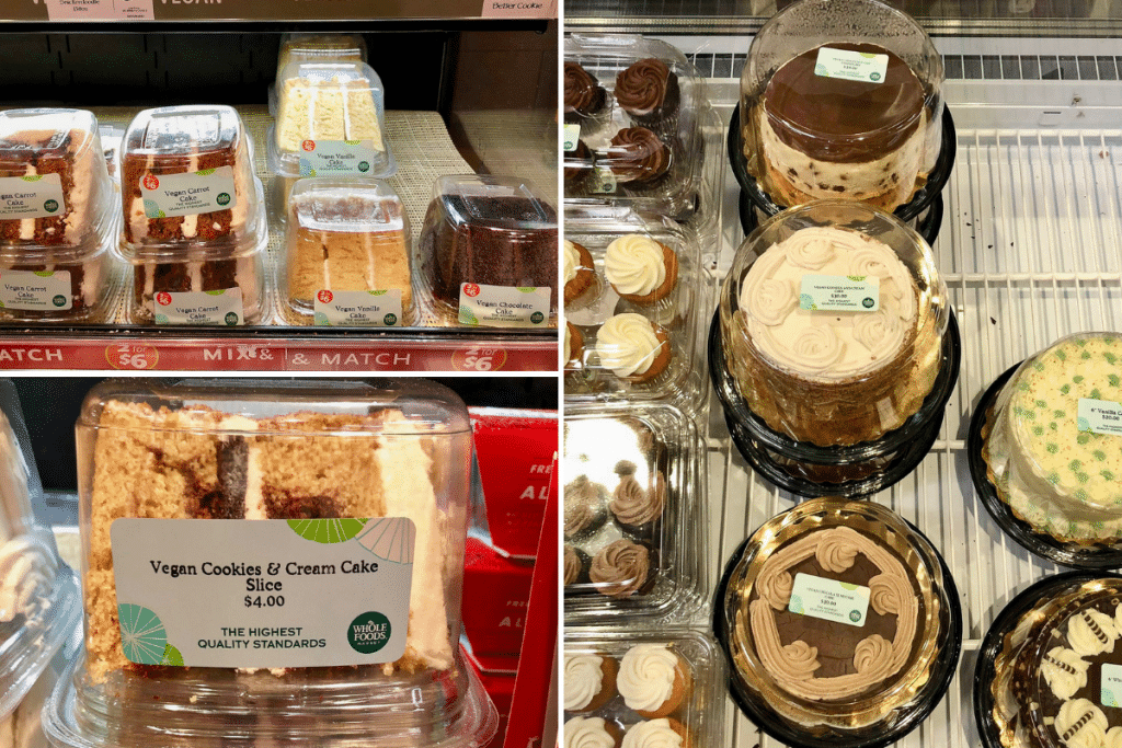 A collage of photos showing the different vegan cakes at Whole Foods 