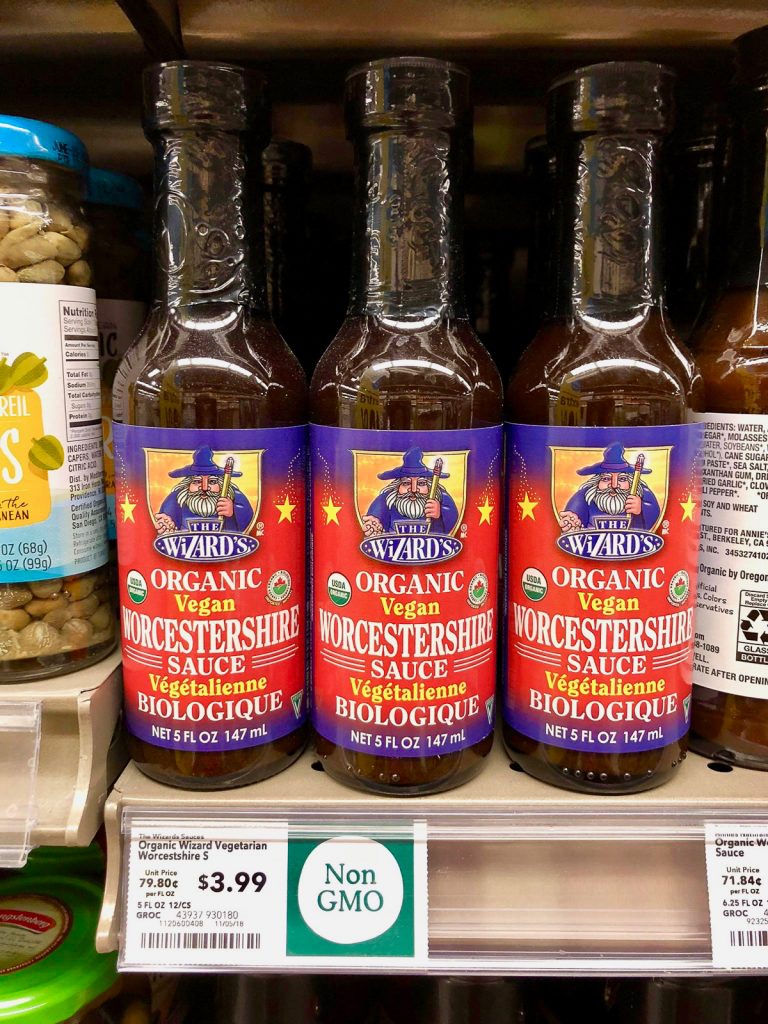 Three bottles of vegan Worcestershire sauce at Whole Foods. 