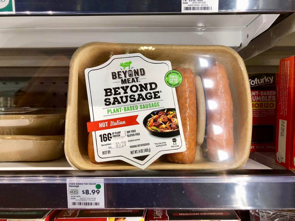 A package of Beyone sausages on a shelf at Whole Foods. 