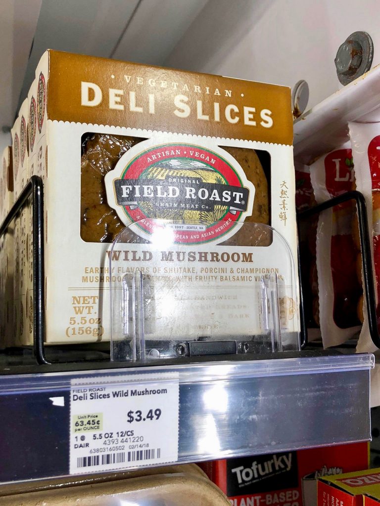 A package of Field Roast Deli Slices on a shelf at Whole Foods.