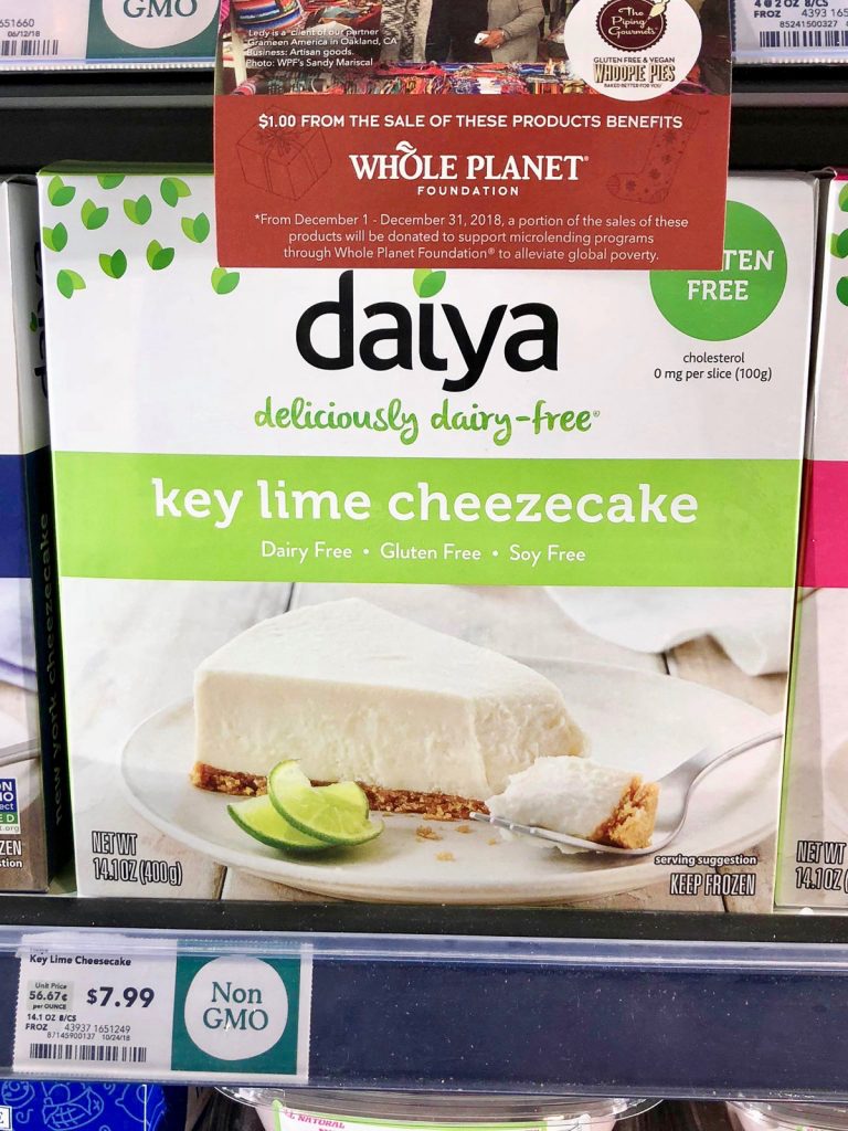 A package of Day vegan key lime cheesecake on a shelf at Whole Foods. 