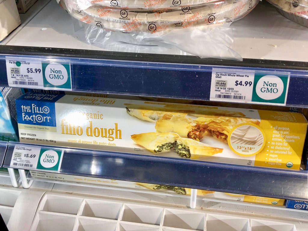 A box of organic fill dough on a shelf at Whole Foods. 