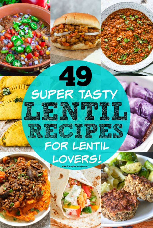 A photo collage showing 49 vegan lentils recipes!