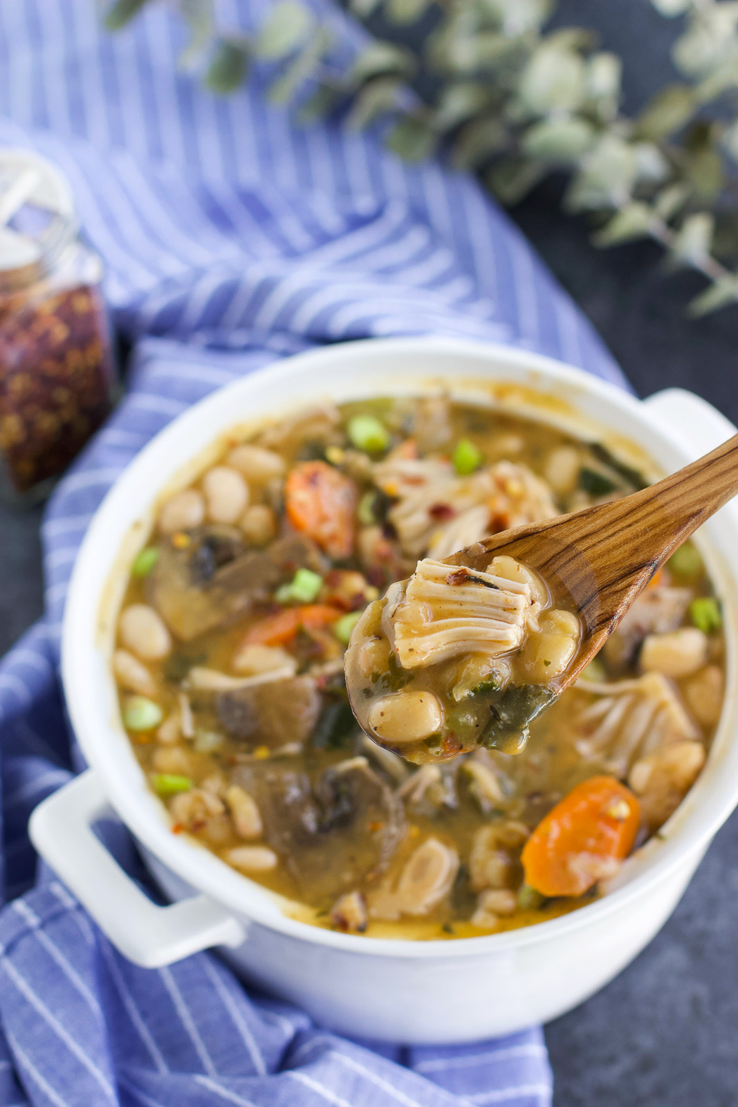 A wooden spoon holding a spoonful of stew over a white pot next to a blue striped towel and a plant. 