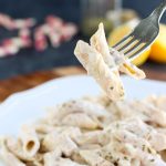 Noodles tossed in vegan alfredo sauce